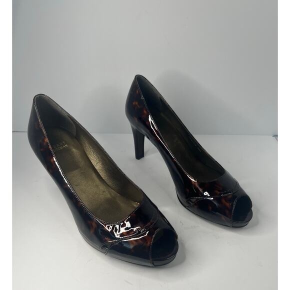 NWOT Stuart Weitzman Tortoise Shell Patent Leather Peep Toe Platform Pumps 9.5M - Picture 2 of 10